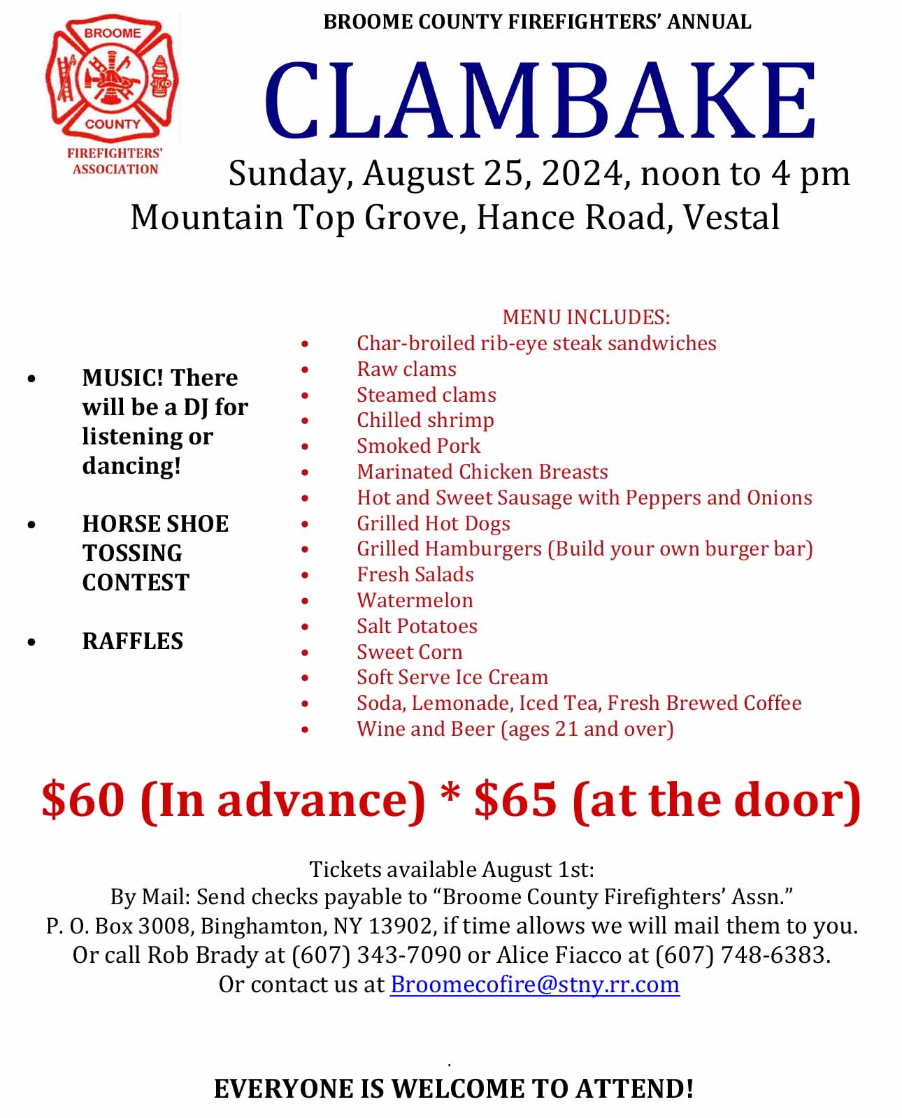 Broome Country Firefighters' Annual Clambake - Sunday, August 25, 2024, Noon to 4 pm